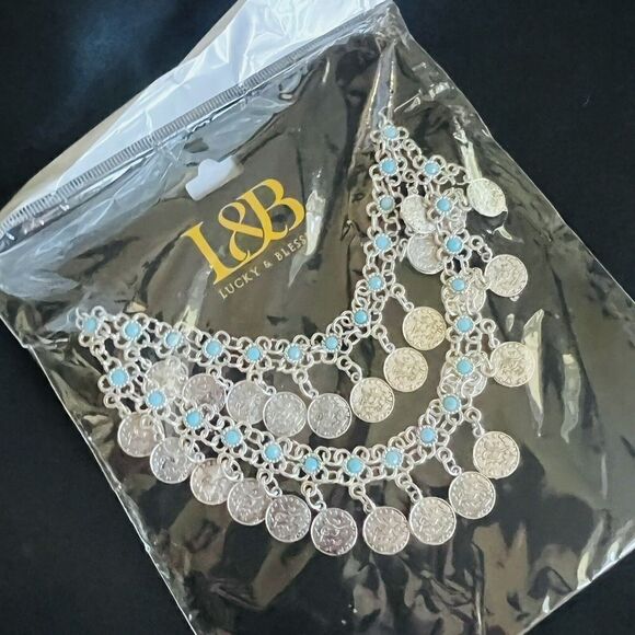 Lucky & Blessed Bohemian Floral Blue Silver Coin Layered Dangle Bib Necklace L&B - Picture 16 of 16
